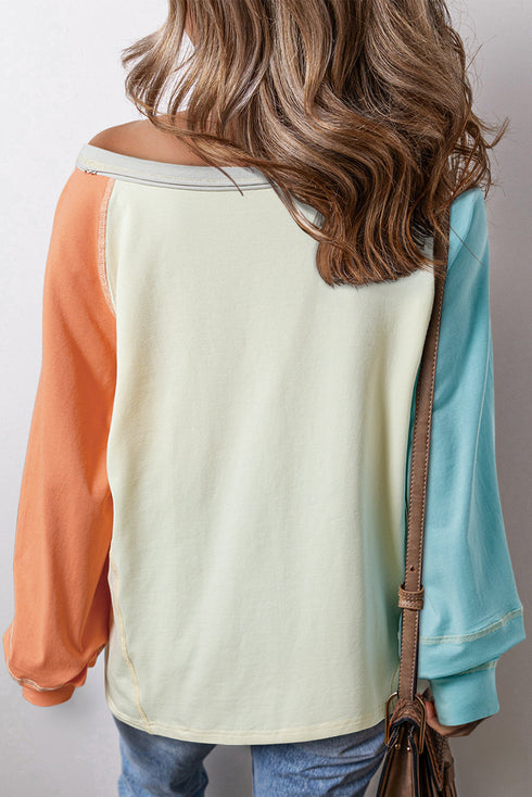Soft Cotton Blend Patchwork Crew Neck Long Sleeve Top