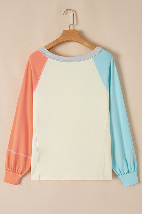 Soft Cotton Blend Patchwork Crew Neck Long Sleeve Top