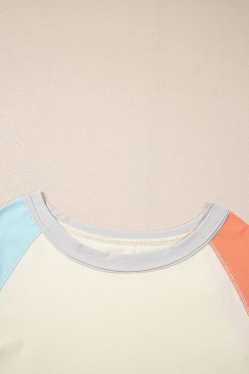 Soft Cotton Blend Patchwork Crew Neck Long Sleeve Top