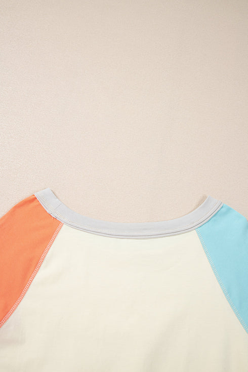 Soft Cotton Blend Patchwork Crew Neck Long Sleeve Top