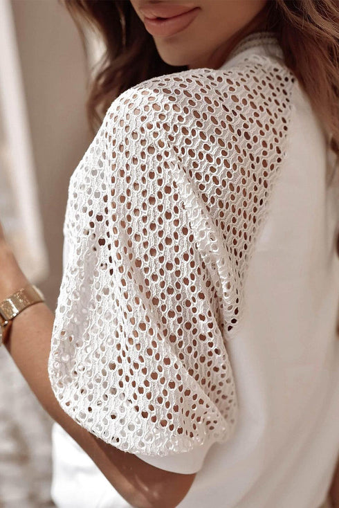 Soft Cotton Blend Pointelle Half Sleeve Crew Neck Tee