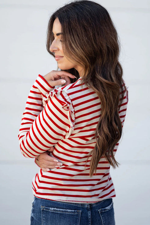Soft Cotton Blend Ruffle Detail Stripe Long Sleeve Top