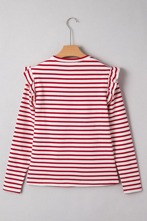 Soft Cotton Blend Ruffle Detail Stripe Long Sleeve Top
