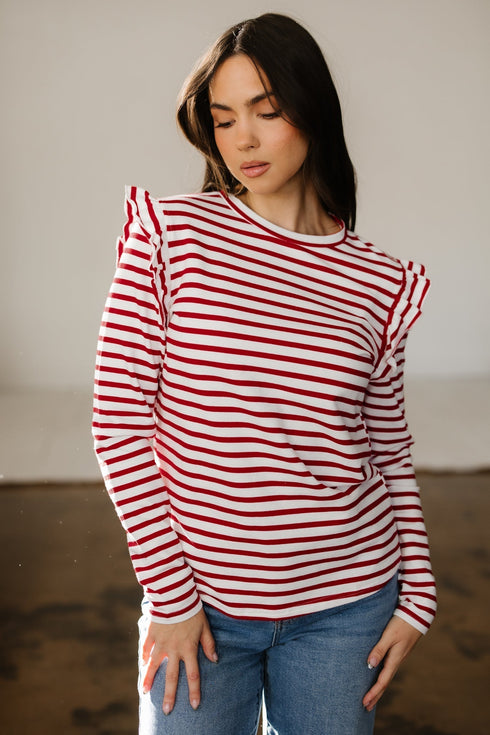 Soft Cotton Blend Ruffle Detail Stripe Long Sleeve Top