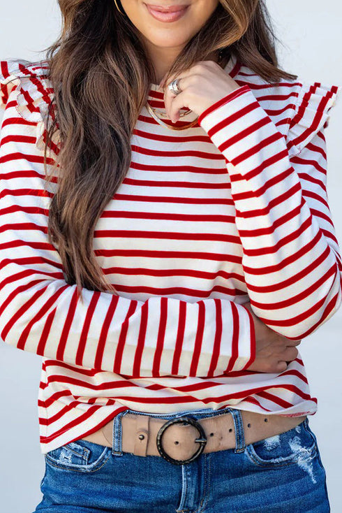 Soft Cotton Blend Ruffle Detail Stripe Long Sleeve Top