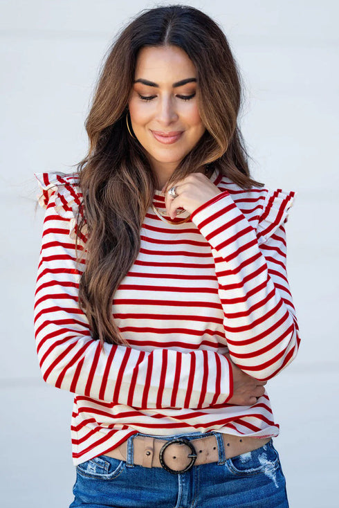 Soft Cotton Blend Ruffle Detail Stripe Long Sleeve Top