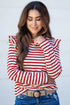 Soft Cotton Blend Ruffle Detail Stripe Long Sleeve Top