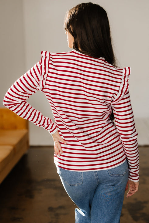 Soft Cotton Blend Ruffle Detail Stripe Long Sleeve Top