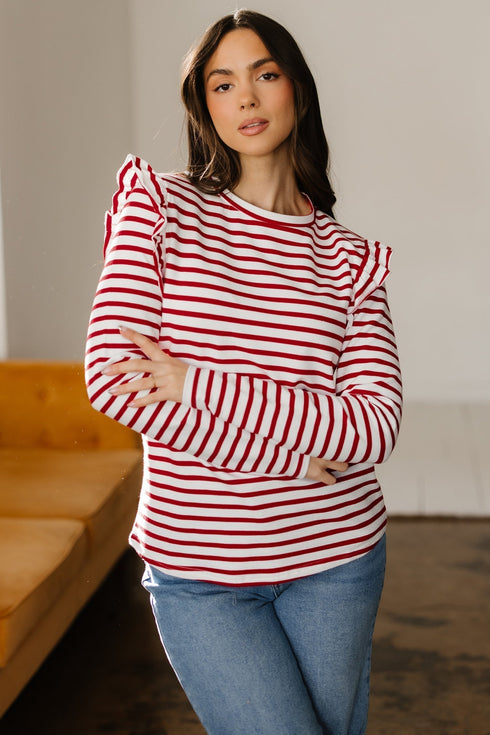 Soft Cotton Blend Ruffle Detail Stripe Long Sleeve Top