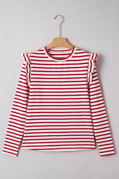 Soft Cotton Blend Ruffle Detail Stripe Long Sleeve Top