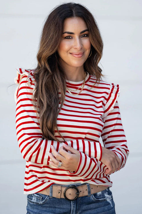 Soft Cotton Blend Ruffle Detail Stripe Long Sleeve Top