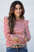 Soft Cotton Blend Ruffle Detail Stripe Long Sleeve Top