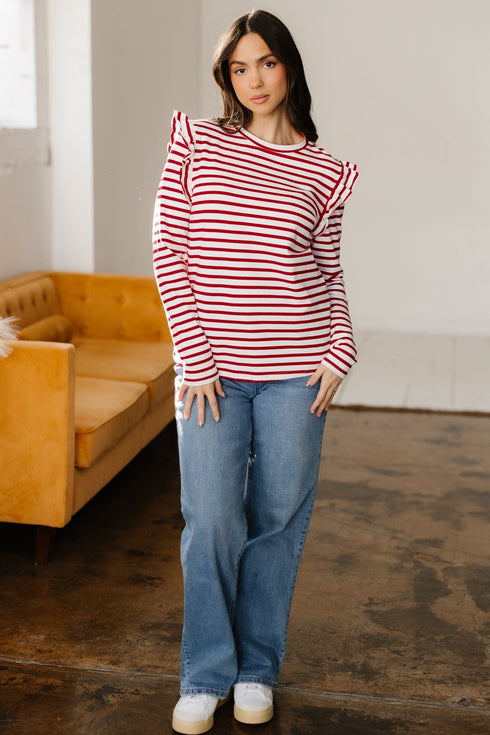 Soft Cotton Blend Ruffle Detail Stripe Long Sleeve Top