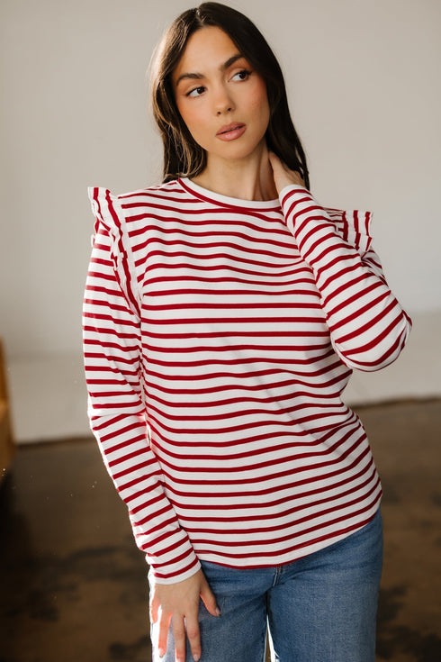 Soft Cotton Blend Ruffle Detail Stripe Long Sleeve Top