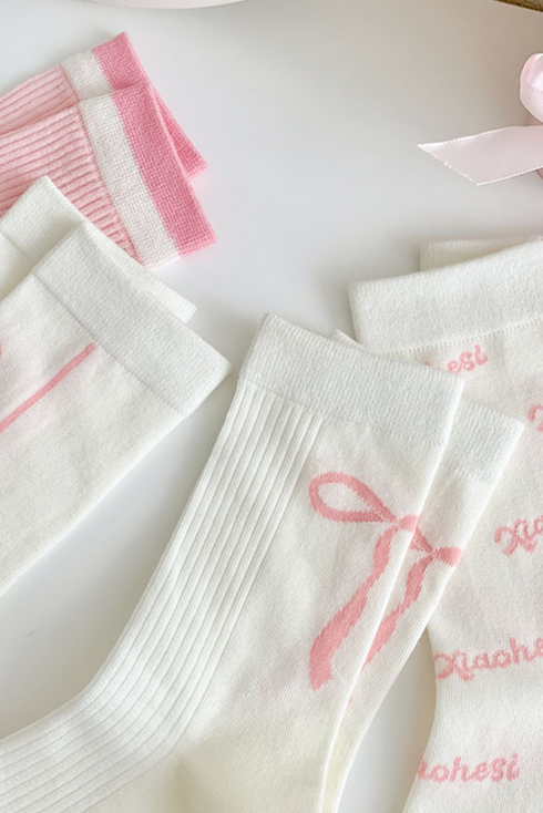 Soft Cotton Knit Ribbon Bow Print Socks