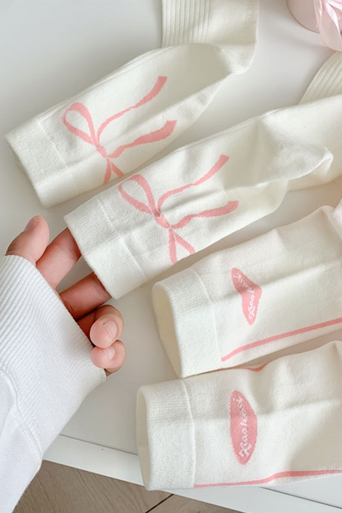Soft Cotton Knit Ribbon Bow Print Socks