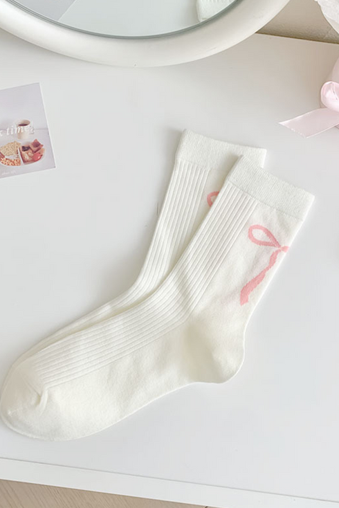 Soft Cotton Knit Ribbon Bow Print Socks