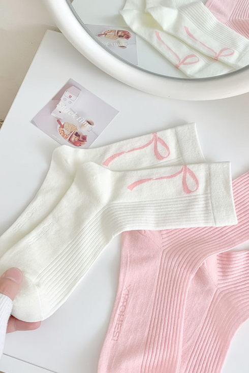 Soft Cotton Knit Ribbon Bow Print Socks