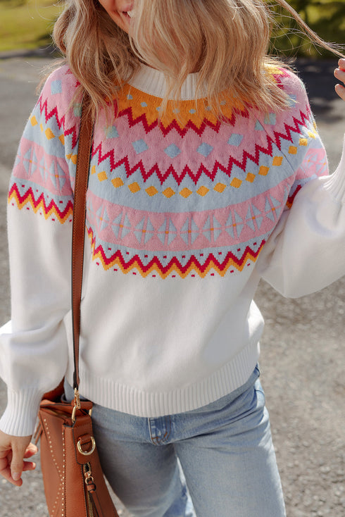 Soft Fair Isle Knit Crew Neck Pullover Sweater
