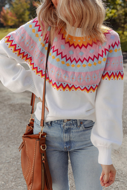 Soft Fair Isle Knit Crew Neck Pullover Sweater