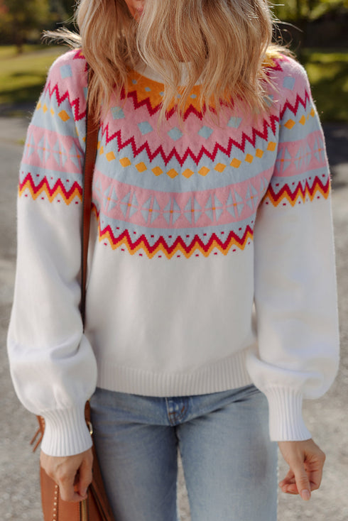 Soft Fair Isle Knit Crew Neck Pullover Sweater