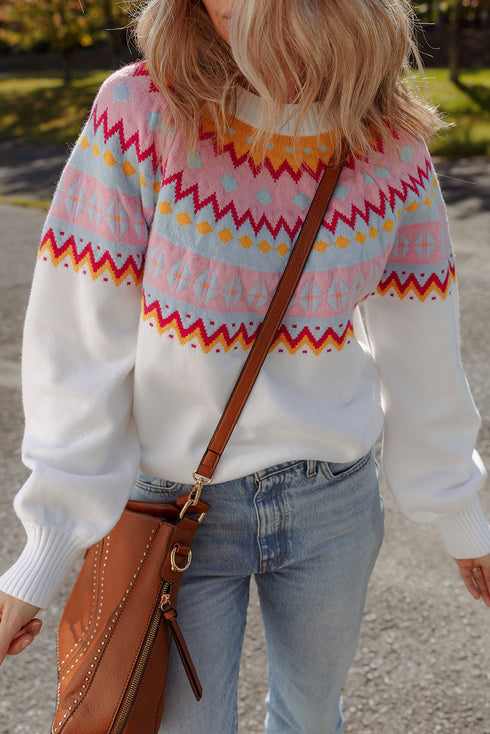 Soft Fair Isle Knit Crew Neck Pullover Sweater