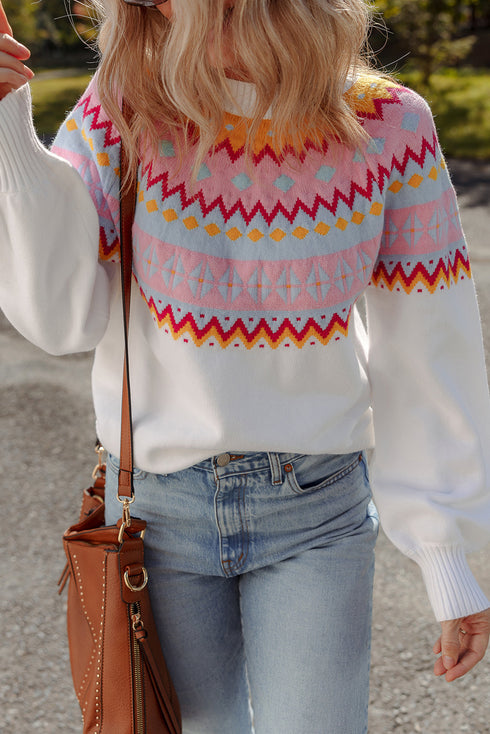 Soft Fair Isle Knit Crew Neck Pullover Sweater