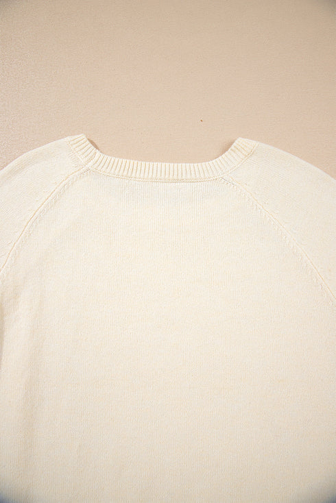 Soft Fine Knit Button Cuff Crew Neck Sweater