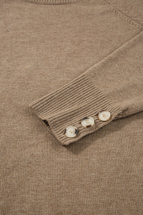 Soft Fine Knit Button Cuff Crew Neck Sweater