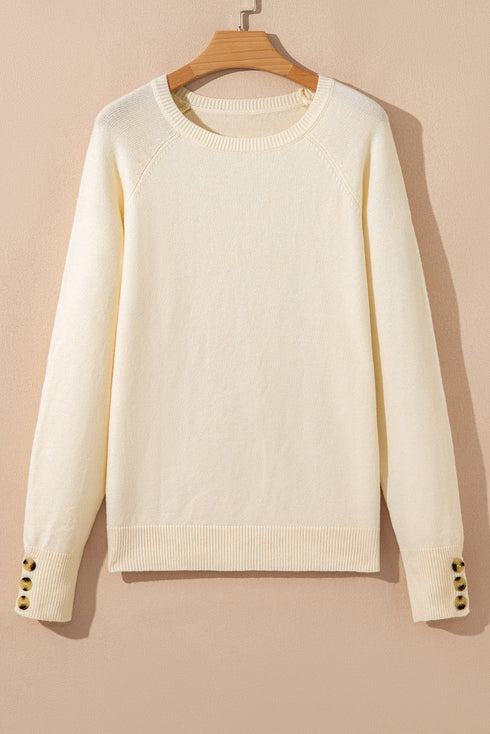 Soft Fine Knit Button Cuff Crew Neck Sweater