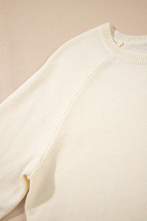 Soft Fine Knit Button Cuff Crew Neck Sweater