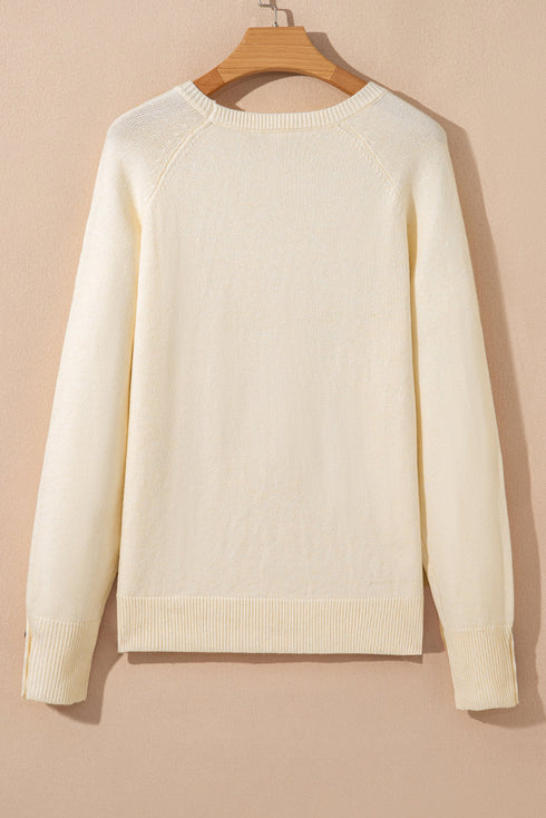 Soft Fine Knit Button Cuff Crew Neck Sweater