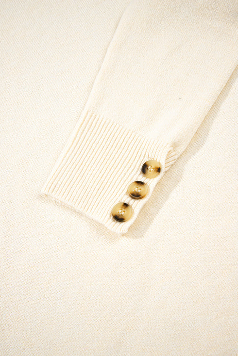 Soft Fine Knit Button Cuff Crew Neck Sweater
