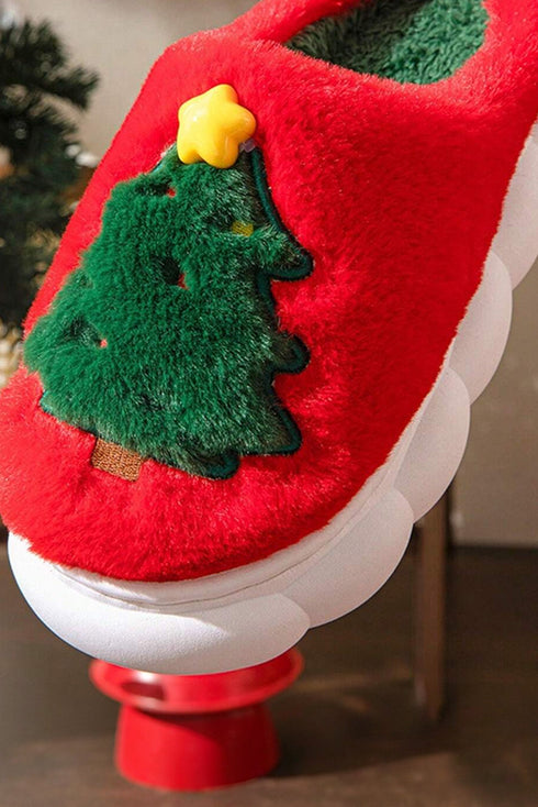 Soft Fleece Tree Graphic Slip On Platform Slippers