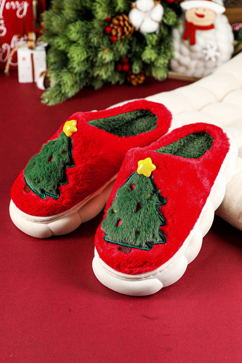 Soft Fleece Tree Graphic Slip On Platform Slippers