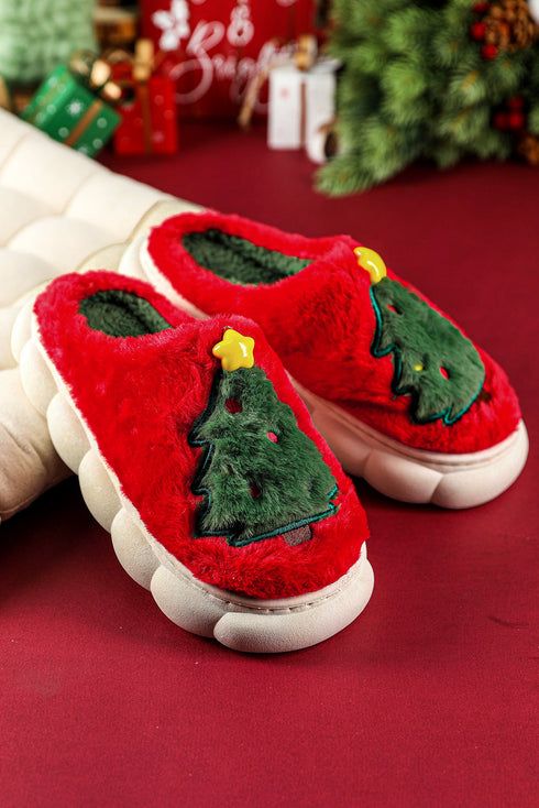 Soft Fleece Tree Graphic Slip On Platform Slippers