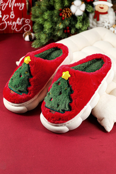 Soft Fleece Tree Graphic Slip On Platform Slippers
