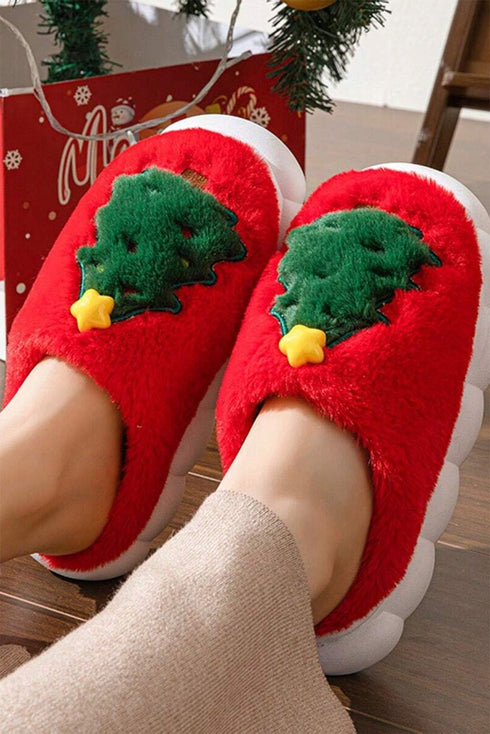 Soft Fleece Tree Graphic Slip On Platform Slippers