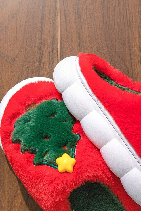 Soft Fleece Tree Graphic Slip On Platform Slippers
