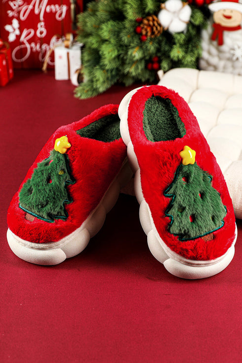 Soft Fleece Tree Graphic Slip On Platform Slippers