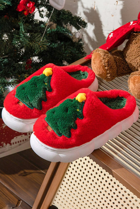 Soft Fleece Tree Graphic Slip On Platform Slippers