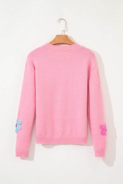 Soft Floral Applique Crew Neck Button Down Cardigan