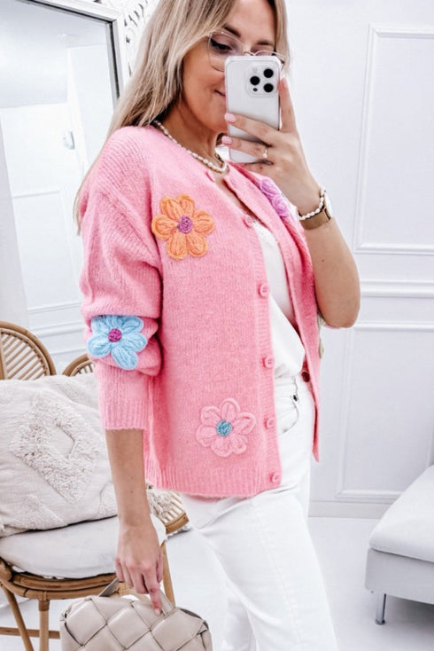 Soft Floral Applique Crew Neck Button Down Cardigan