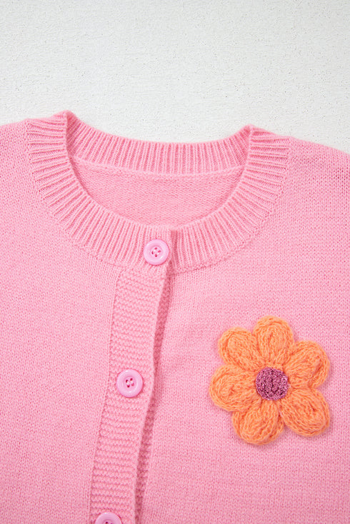 Soft Floral Applique Crew Neck Button Down Cardigan