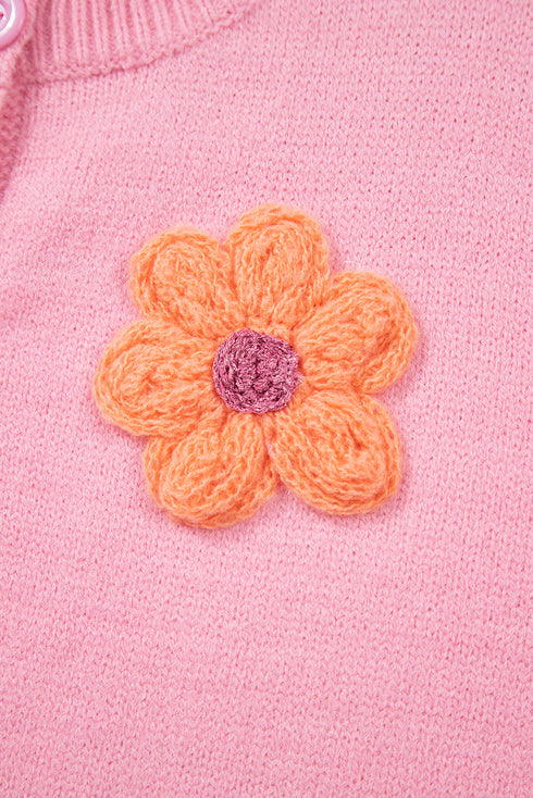 Soft Floral Applique Crew Neck Button Down Cardigan