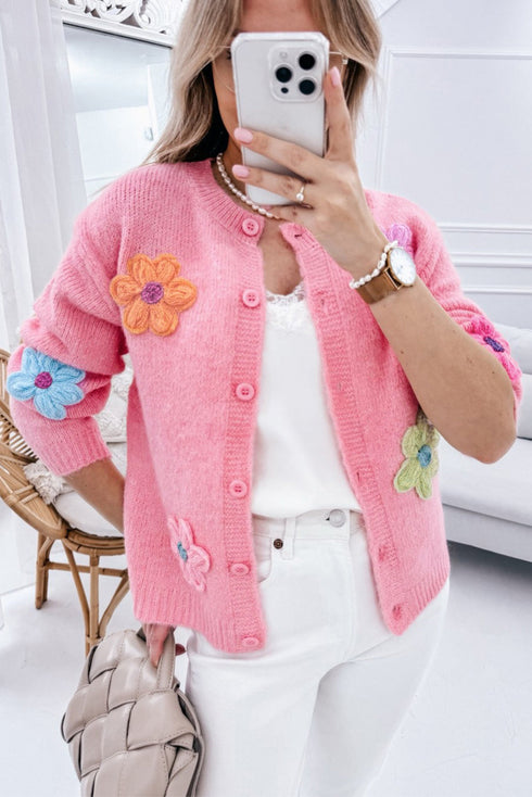 Soft Floral Applique Crew Neck Button Down Cardigan