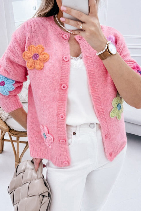 Soft Floral Applique Crew Neck Button Down Cardigan