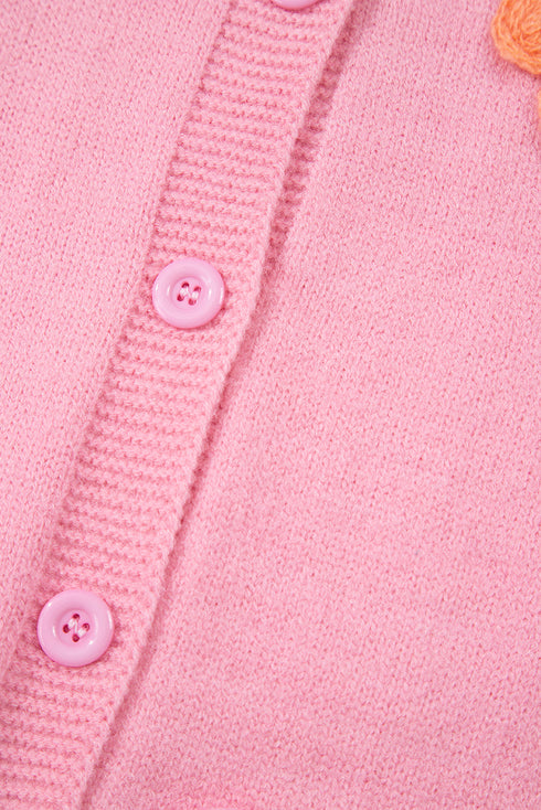 Soft Floral Applique Crew Neck Button Down Cardigan