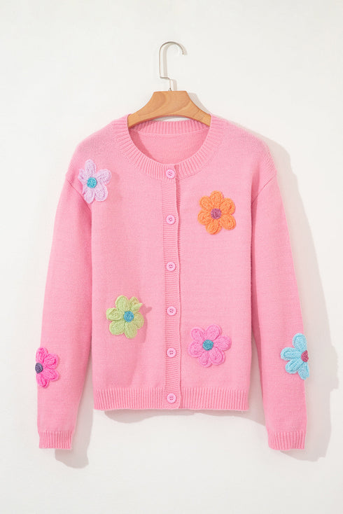 Soft Floral Applique Crew Neck Button Down Cardigan