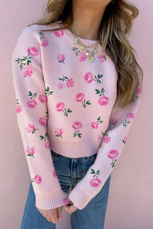 Soft Floral Knit Crew Neck Pullover Sweater
